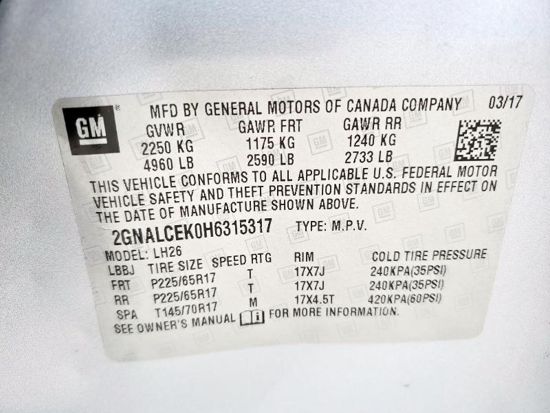 Photo 14 from auction – 2017 CHEVROLET EQUINOX LT with VIN 2GNALCEK0H6315317