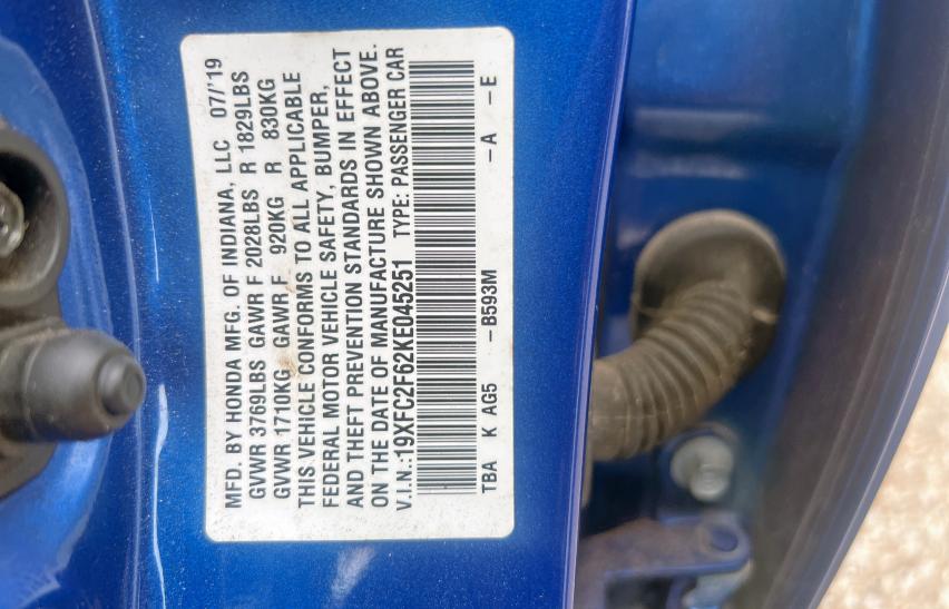 Photo 10 from auction – 2019 HONDA CIVIC LX with VIN 19XFC2F62KE045251