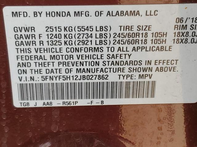 Photo 10 from auction – 2018 HONDA PILOT LX with VIN 5FNYF5H12JB027862