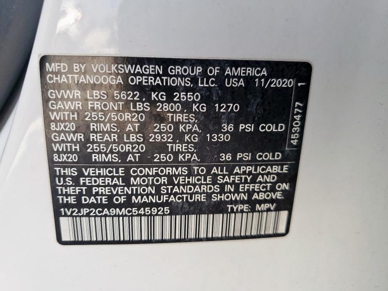 Photo 14 from auction – 2021 VOLKSWAGEN ATLAS SE with VIN 1V2JP2CA9MC545925
