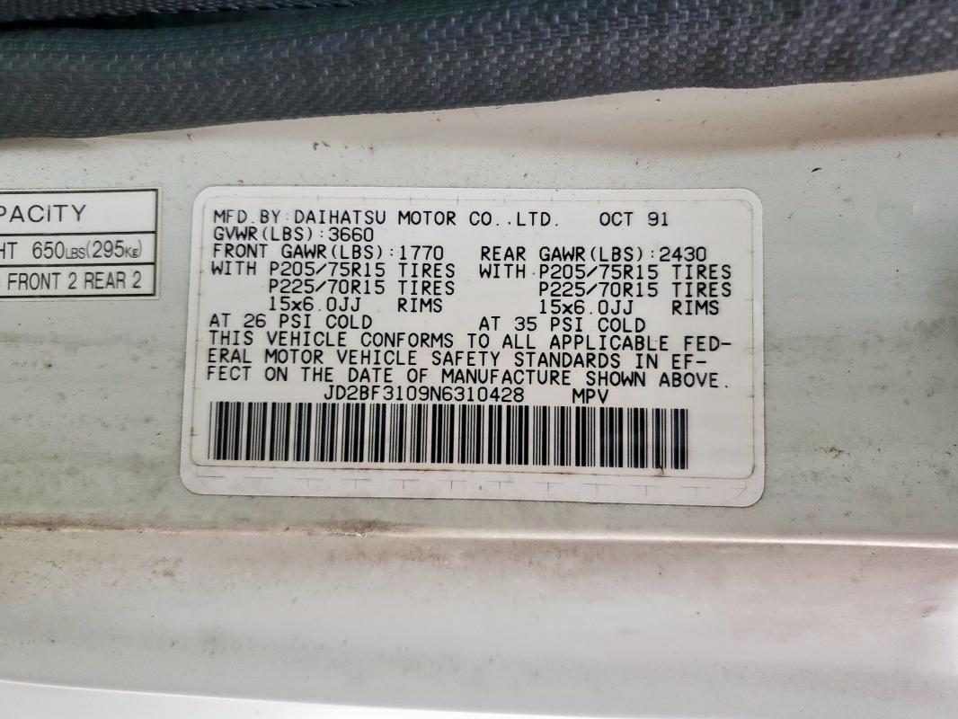Photo 14 from auction – 1992 DAIHATSU ROCKY SE with VIN JD2BF3109N6310428