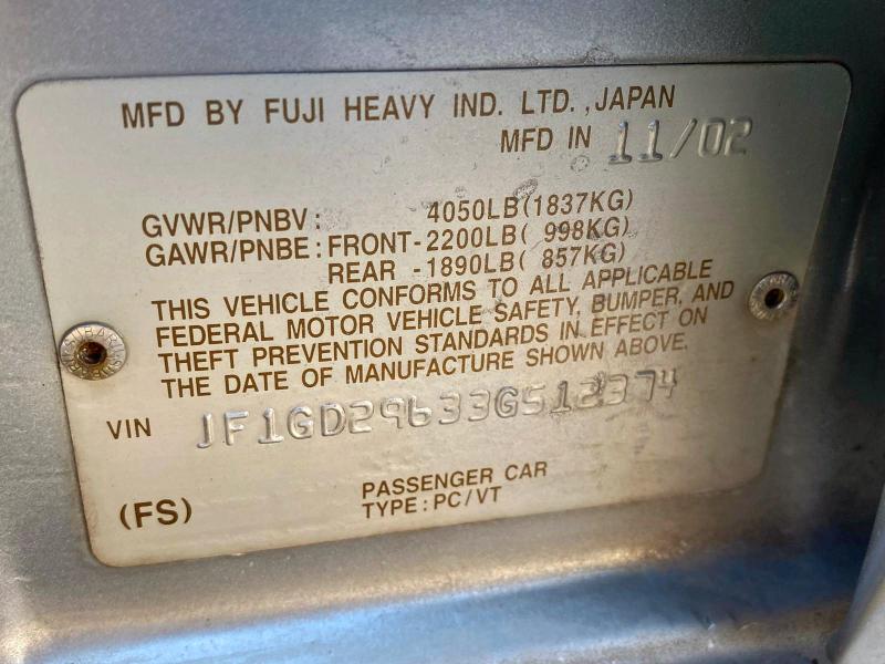 Photo 10 from auction – 2003 SUBARU IMPREZA WR with VIN JF1GD29633G512374