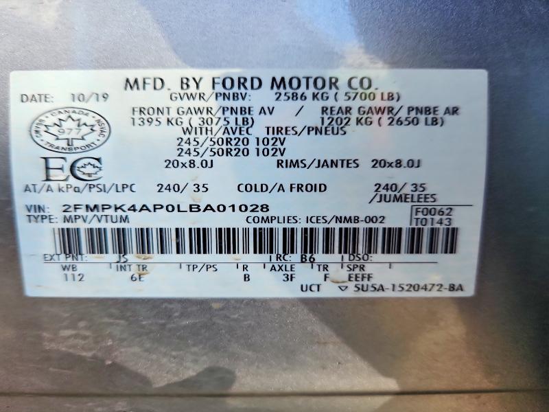 Photo 14 from auction – 2020 FORD EDGE with VIN 2FMPK4AP0LBA01028