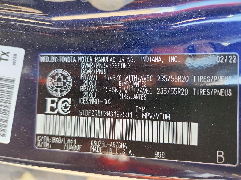 Photo 14 from auction – 2022 TOYOTA HIGHLANDER with VIN 5TDFZRBH3NS192591