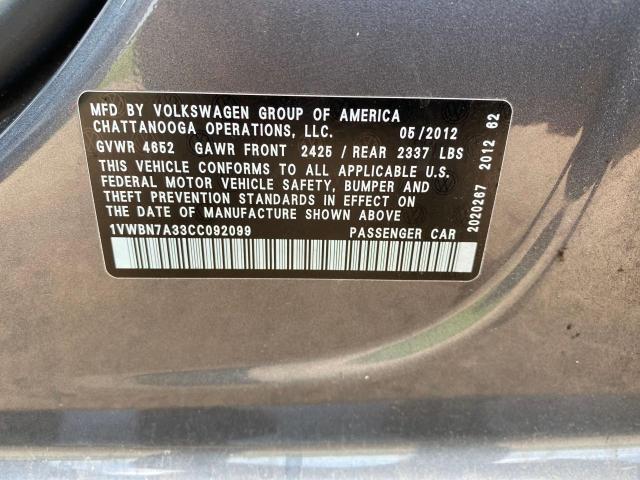 Photo 10 from auction – 2012 VOLKSWAGEN PASSAT SE with VIN 1VWBN7A33CC092099