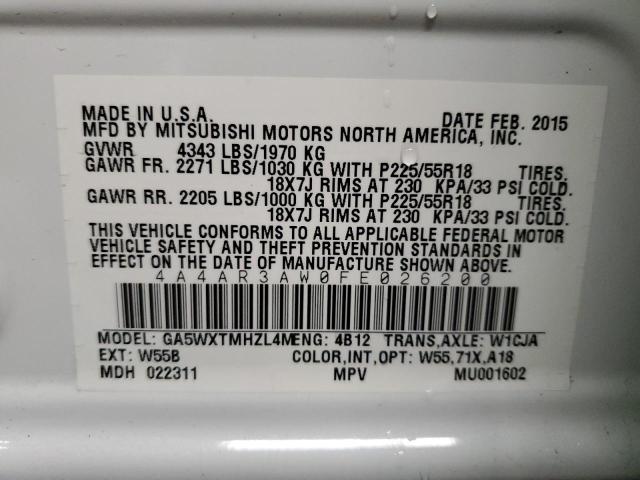 Photo 14 from auction – 2015 MITSUBISHI OUTLANDER with VIN 4A4AR3AW0FE026200