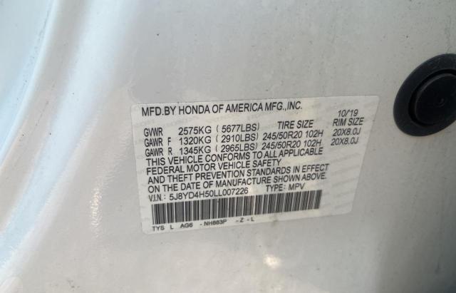 Photo 10 from auction – 2020 ACURA MDX TECHNO with VIN 5J8YD4H50LL007226