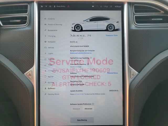 Photo 9 from auction – 2017 TESLA MODEL S with VIN 5YJSA1E1XHF190609