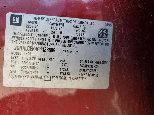 Photo 14 from auction – 2016 CHEVROLET EQUINOX LT with VIN 2GNALCEK4G1128609