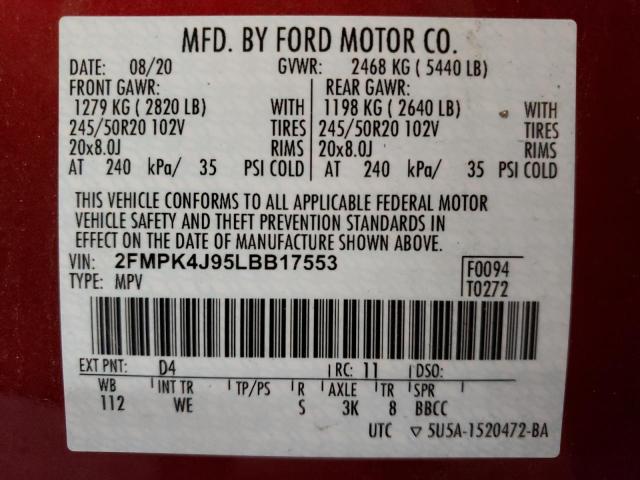 Photo 14 from auction – 2020 FORD EDGE SEL with VIN 2FMPK4J95LBB17553