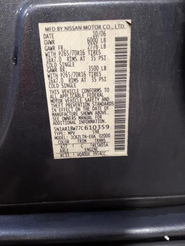 Photo 14 from auction – 2007 NISSAN PATHFINDER with VIN 5N1AR18W77C610359