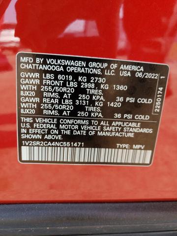 Photo 14 from auction – 2022 VOLKSWAGEN ATLAS SEL with VIN 1V2SR2CA4NC551471