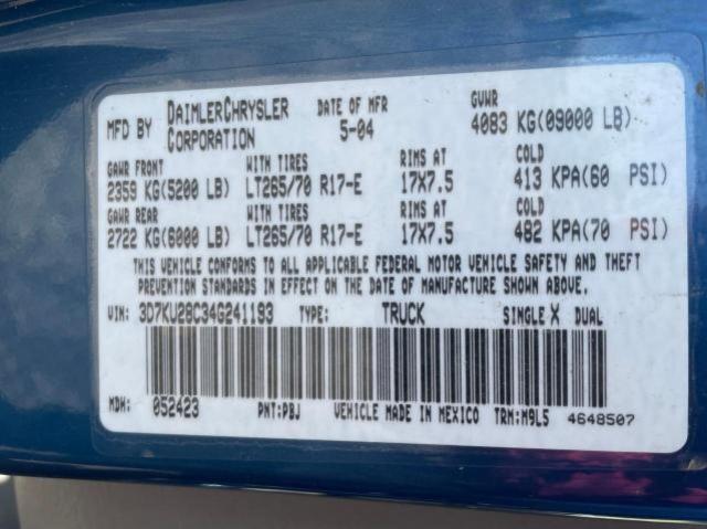 Photo 10 from auction – 2004 DODGE RAM 2500 S with VIN 3D7KU28C34G241193
