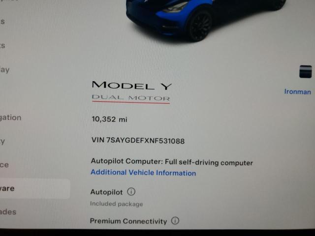 Photo 9 from auction – 2022 TESLA MODEL Y with VIN 7SAYGDEFXNF531088