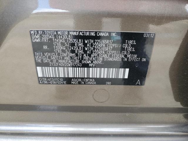 Photo 14 from auction – 2012 TOYOTA RAV4 with VIN 2T3ZF4DV2CW117243