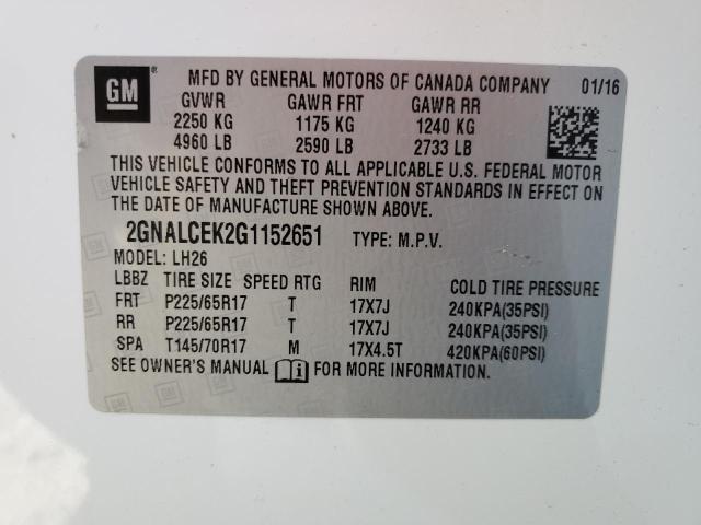 Photo 14 from auction – 2016 CHEVROLET EQUINOX LT with VIN 2GNALCEK2G1152651