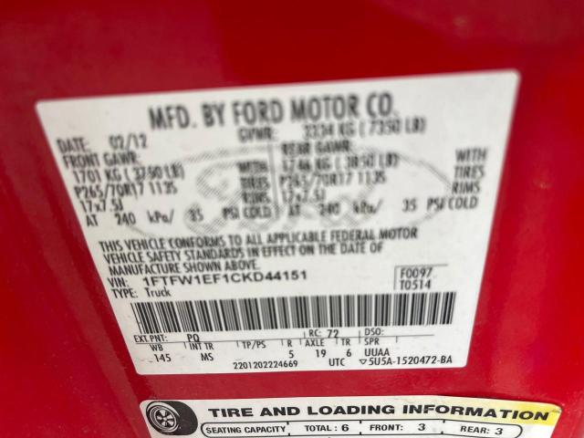 صورة رقم 10 من المزاد - 2012 FORD F150 SUPER مع VIN 1FTFW1EF1CKD44151