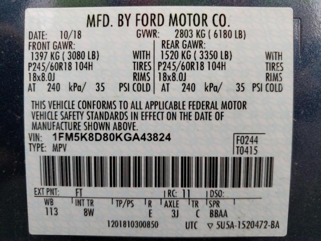 Photo 14 from auction – 2019 FORD EXPLORER X with VIN 1FM5K8D80KGA43824
