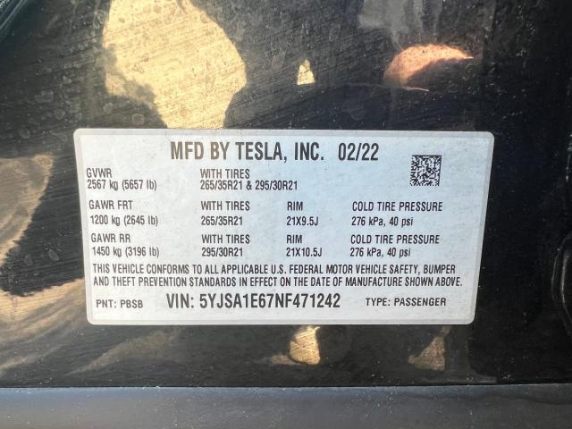 Photo 10 from auction – 2022 TESLA MODEL S with VIN 5YJSA1E67NF471242