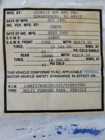 Photo 10 from auction – 1992 CHEVROLET P30 with VIN 1GBKP37N4N3301422