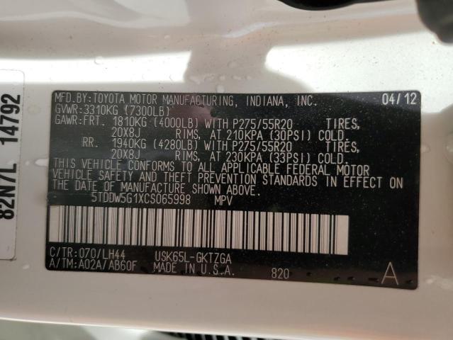 Photo 14 from auction – 2012 TOYOTA SEQUOIA PL with VIN 5TDDW5G1XCS065998