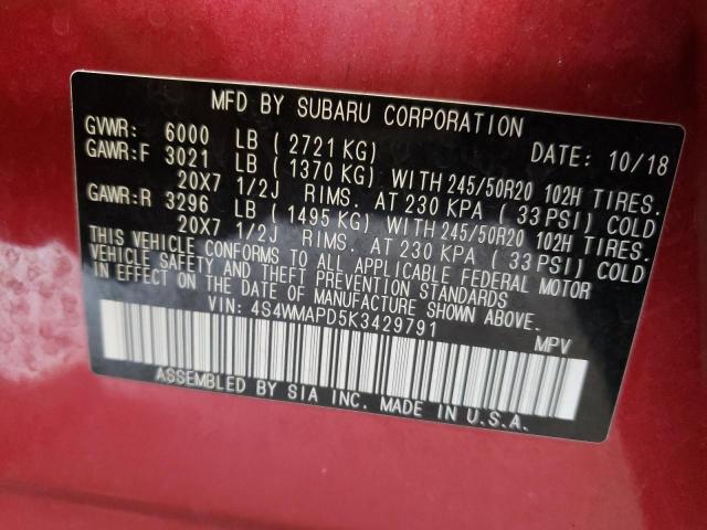 Photo 14 from auction – 2019 SUBARU ASCENT LIM with VIN 4S4WMAPD5K3429791