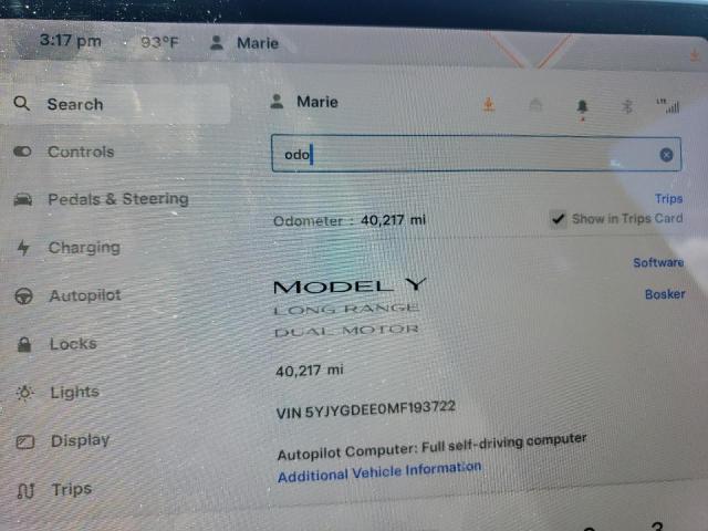 Photo 9 from auction – 2021 TESLA MODEL Y with VIN 5YJYGDEE0MF193722