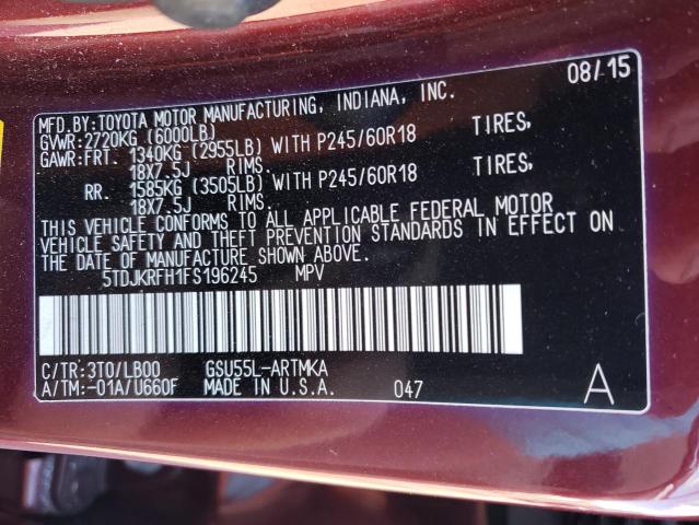Photo 14 from auction – 2015 TOYOTA HIGHLANDER with VIN 5TDJKRFH1FS196245