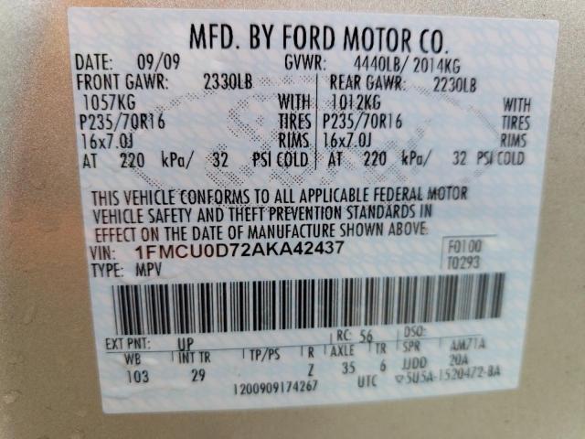 Photo 14 from auction – 2010 FORD ESCAPE XLT with VIN 1FMCU0D72AKA42437