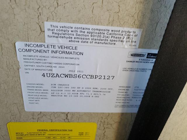 Photo 10 from auction – 2012 FREIGHTLINER CHASSIS XC with VIN 4UZACWBS6CCBP2127