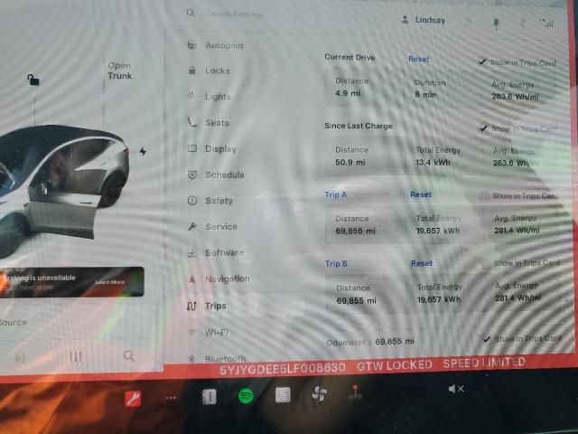 Photo 9 from auction – 2020 TESLA MODEL Y with VIN 5YJYGDEE5LF008630