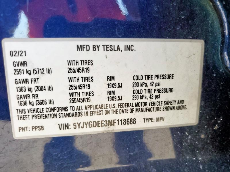 Photo 14 from auction – 2021 TESLA MODEL Y with VIN 5YJYGDEE3MF118688