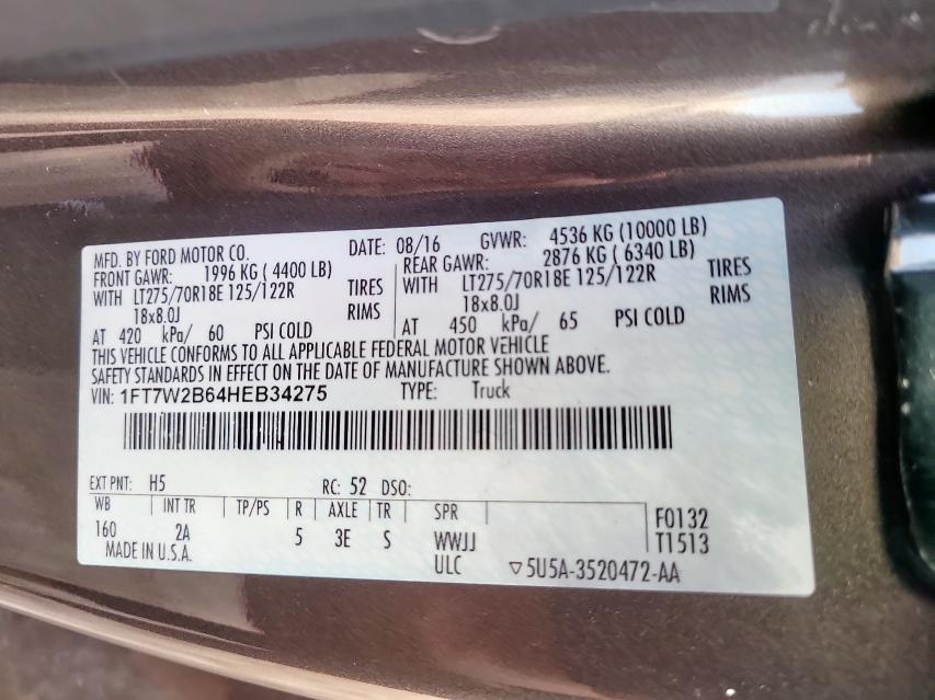 Photo 10 from auction – 2017 FORD F250 SUPER with VIN 1FT7W2B64HEB34275