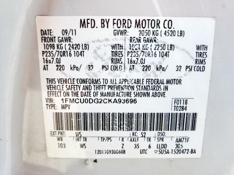 Photo 14 from auction – 2012 FORD ESCAPE with VIN 1FMCU0DG2CKA93696