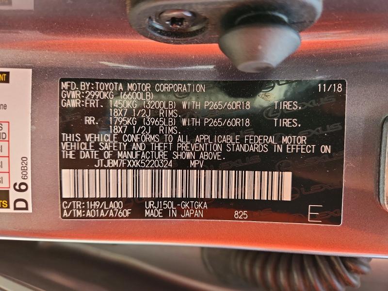 Photo 14 from auction – 2019 LEXUS GX with VIN JTJBM7FXXK5220324