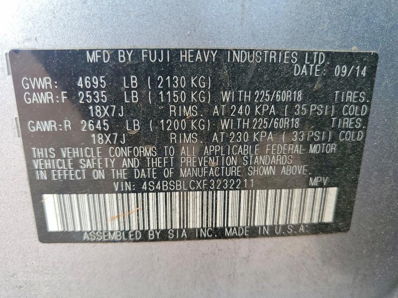 Photo 14 from auction – 2015 SUBARU OUTBACK with VIN 4S4BSBLCXF3232211