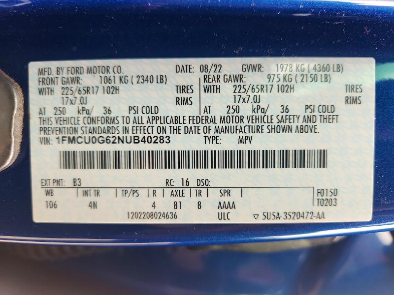 Photo 14 from auction – 2022 FORD ESCAPE with VIN 1FMCU0G62NUB40283