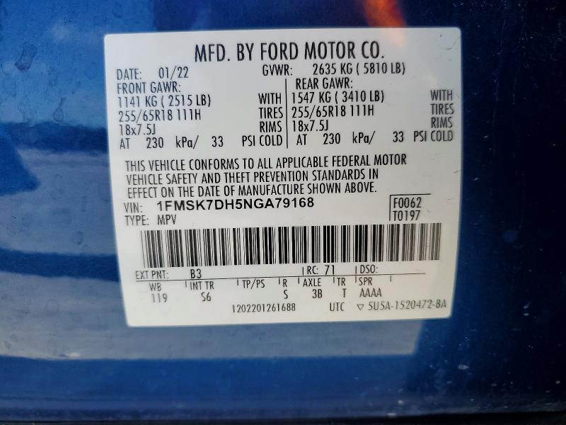Photo 14 from auction – 2022 FORD EXPLORER with VIN 1FMSK7DH5NGA79168