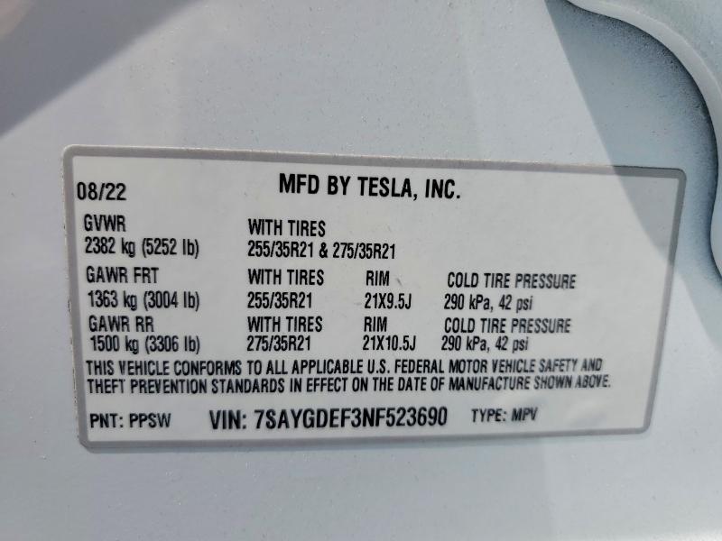 Photo 14 from auction – 2022 TESLA MODEL Y with VIN 7SAYGDEF3NF523690
