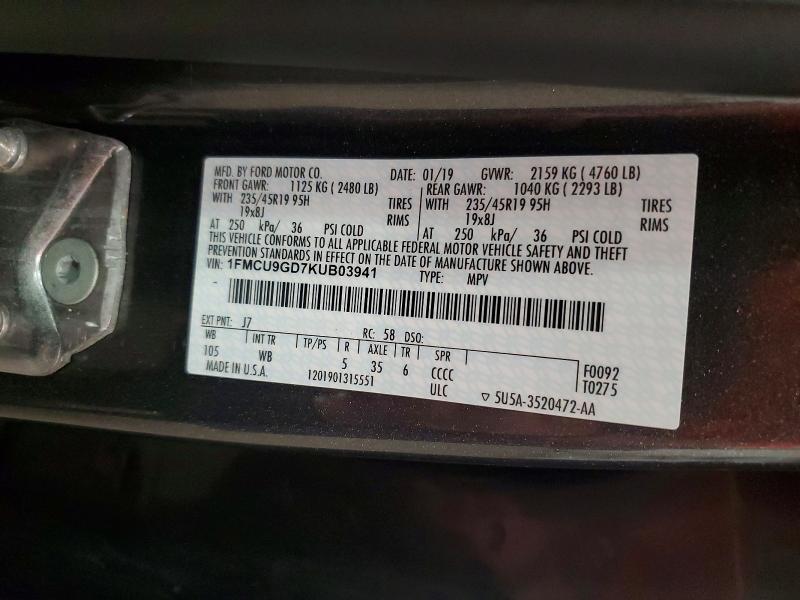 Photo 14 from auction – 2019 FORD ESCAPE with VIN 1FMCU9GD7KUB03941
