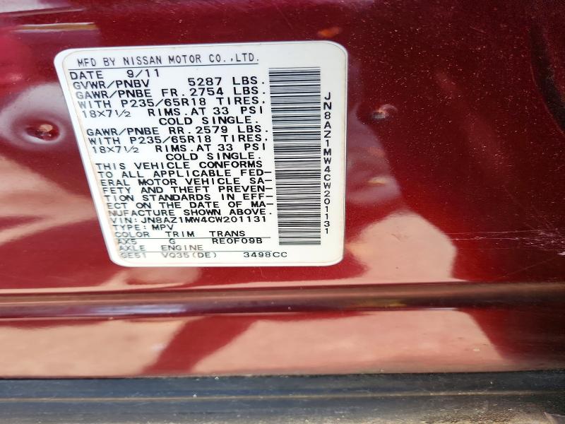 Photo 14 from auction – 2012 NISSAN MURANO with VIN JN8AZ1MW4CW201131