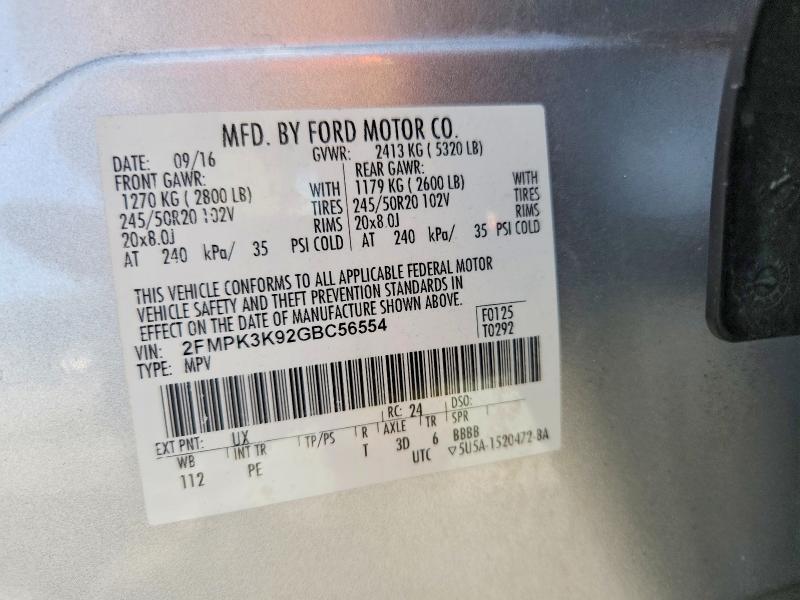 Photo 14 from auction – 2016 FORD EDGE with VIN 2FMPK3K92GBC56554