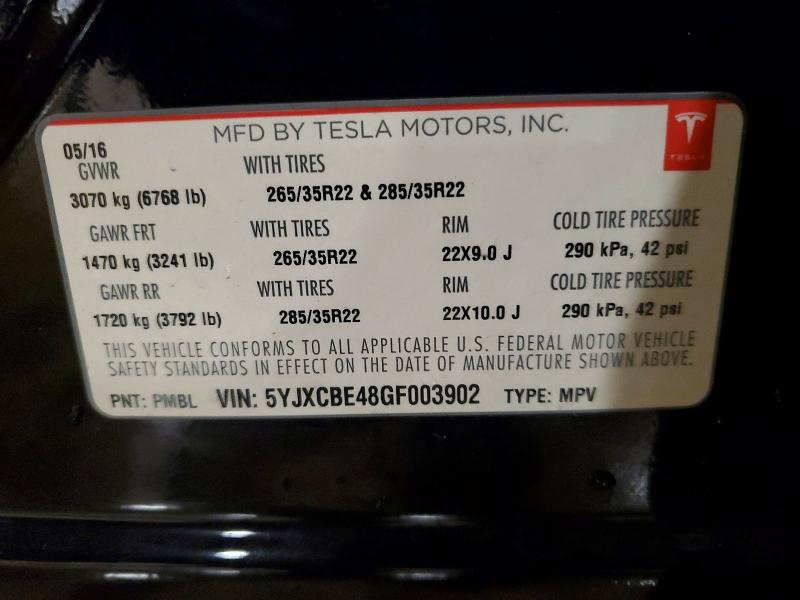 Photo 14 from auction – 2016 TESLA MODEL X with VIN 5YJXCBE48GF003902
