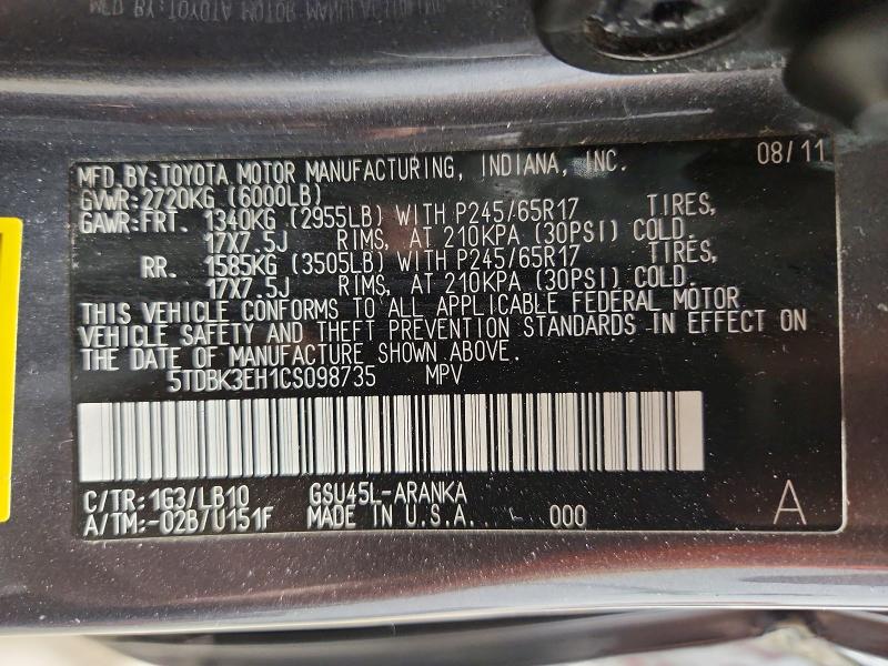 Photo 14 from auction – 2012 TOYOTA HIGHLANDER with VIN 5TDBK3EH1CS098735