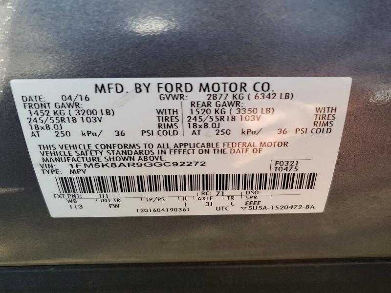 Photo 14 from auction – 2016 FORD EXPLORER with VIN 1FM5K8AR9GGC92272