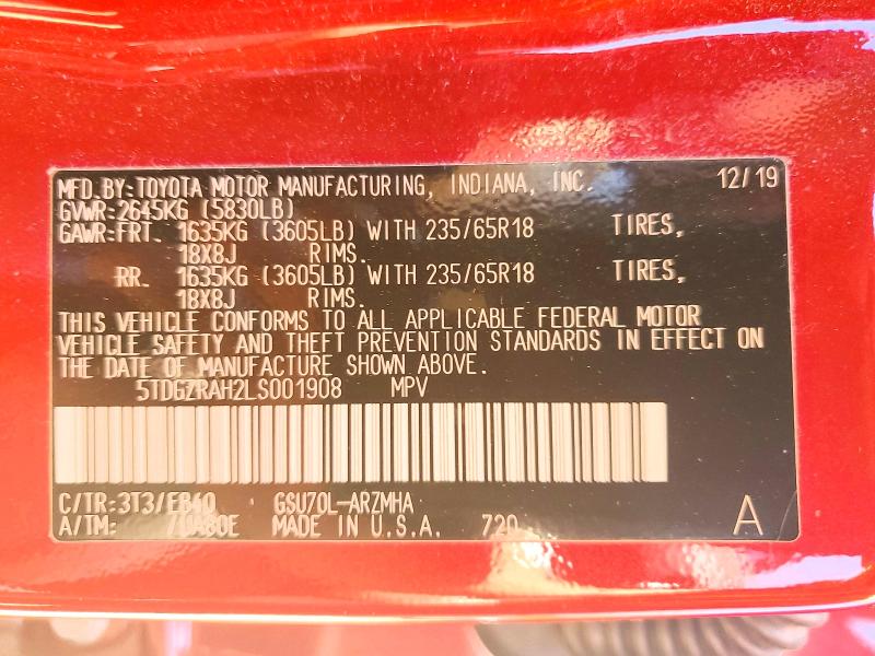 Photo 14 from auction – 2020 TOYOTA HIGHLANDER with VIN 5TDGZRAH2LS001908