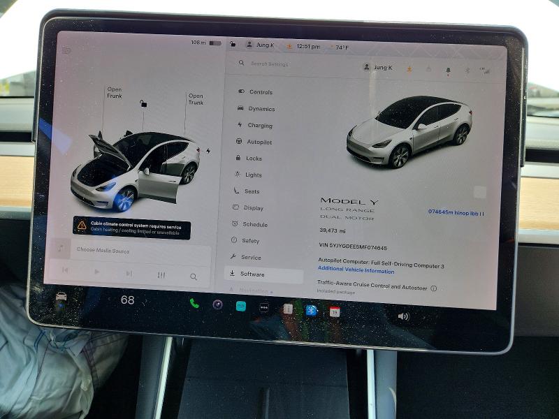 Photo 9 from auction – 2021 TESLA MODEL Y with VIN 5YJYGDEE5MF074645