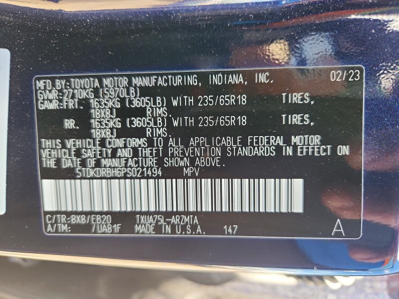 Photo 14 from auction – 2023 TOYOTA HIGHLANDER with VIN 5TDKDRBH6PS021494