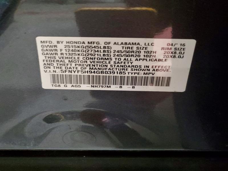 Photo 14 from auction – 2016 HONDA PILOT with VIN 5FNYF5H94GB039185