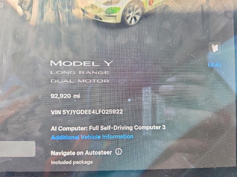 Photo 9 from auction – 2020 TESLA MODEL Y with VIN 5YJYGDEE4LF025922